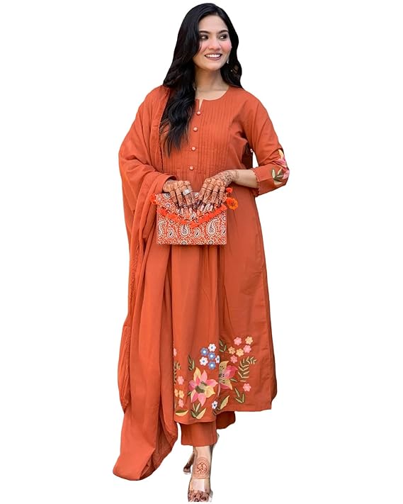 GoSriKi Women’s Embroidered Viscose Anarkali Kurta Set with Dupatta – Orange Traditional Festive