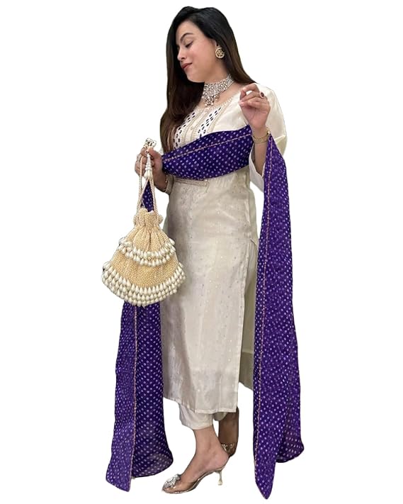 GoSriKi Women’s Silk Blend Straight Embroidered Kurta with Pant & Dupatta
