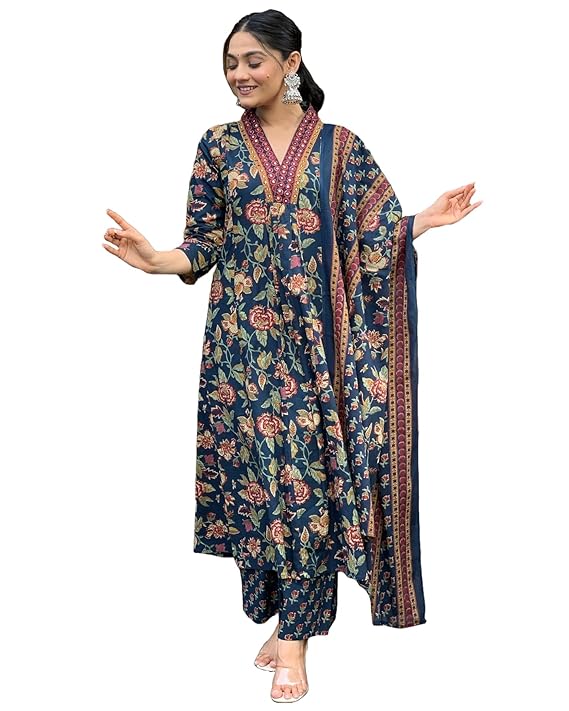 GoSriKi Women’s Rayon Viscose Anarkali Printed Kurta with Palazzo & Dupatta