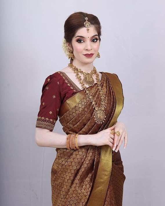 PHEASANT Women's Bridal Kanjivaram Soft litchi Silk Saree With Unstiched Blouse Piece - Image 5