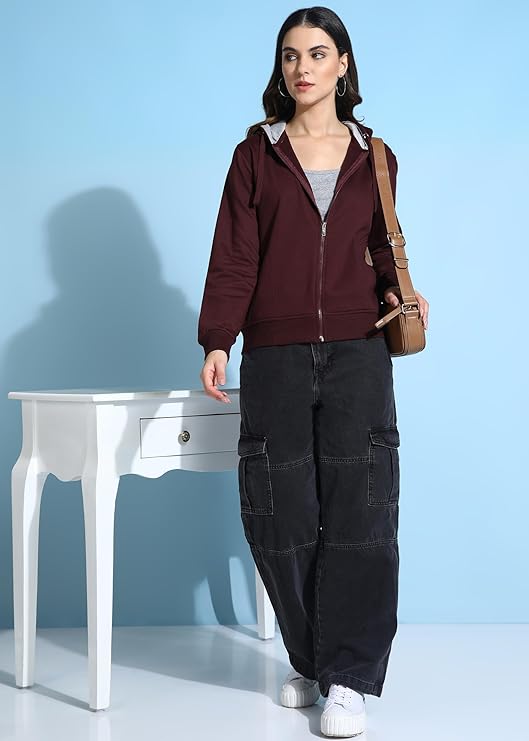 Alan Jones Clothing Women's Solid Zipper Hooded Sweatshirt | Front Zip, Ribbed Hem, Lined Hood, Casual Winter Wear - Image 3