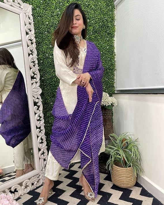 GoSriKi Women's Silk Blend Straight Embroidered Kurta with Pant & Dupatta - Image 4