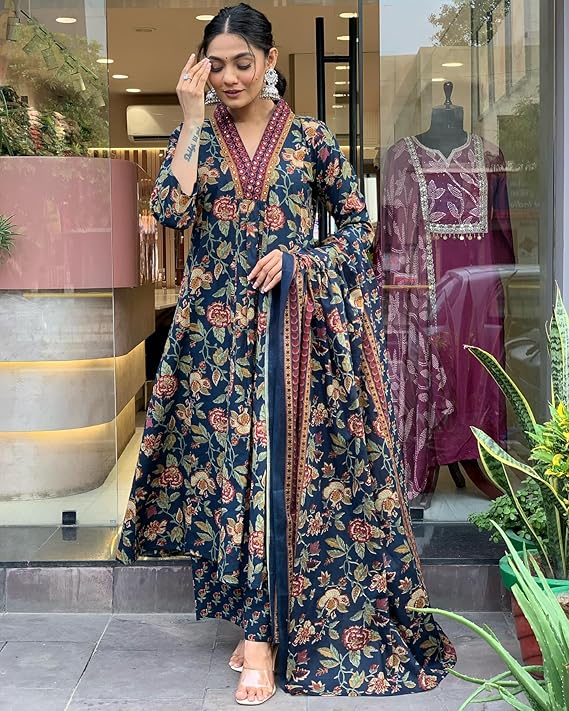 GoSriKi Women's Rayon Viscose Anarkali Printed Kurta with Palazzo & Dupatta - Image 2