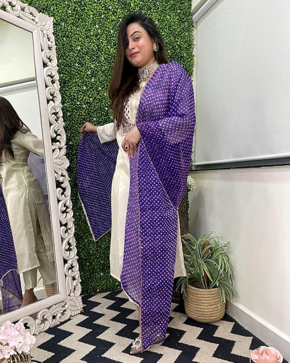 GoSriKi Women's Silk Blend Straight Embroidered Kurta with Pant & Dupatta - Image 2