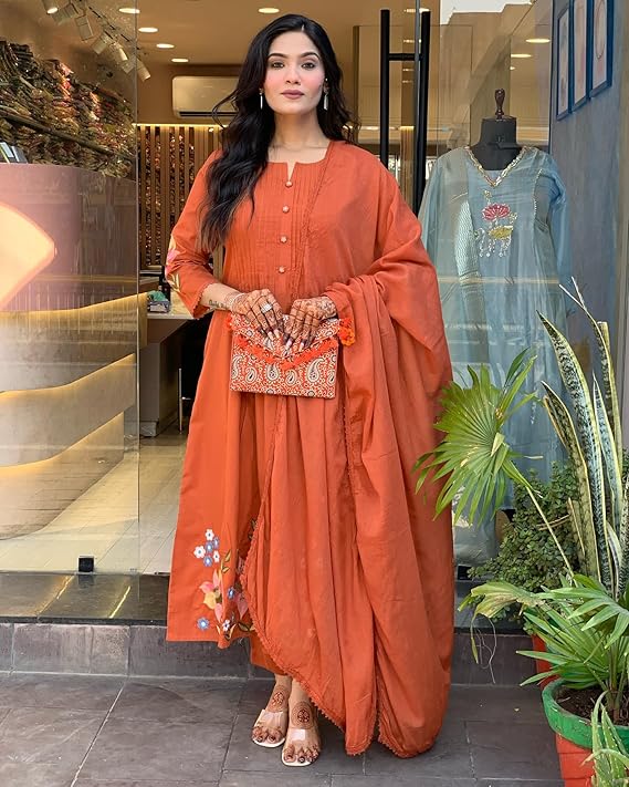 GoSriKi Women's Embroidered Viscose Anarkali Kurta Set with Dupatta - Orange Traditional Festive - Image 3
