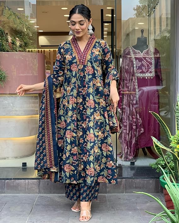 GoSriKi Women's Rayon Viscose Anarkali Printed Kurta with Palazzo & Dupatta - Image 3
